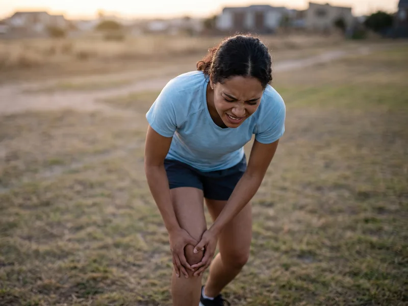 Athlete holding an injured knee during a run