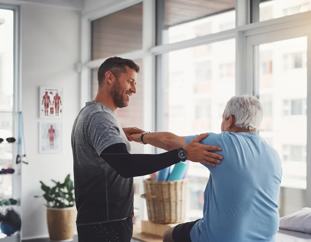 Therapist guiding a patient through a shoulder mobility stretch